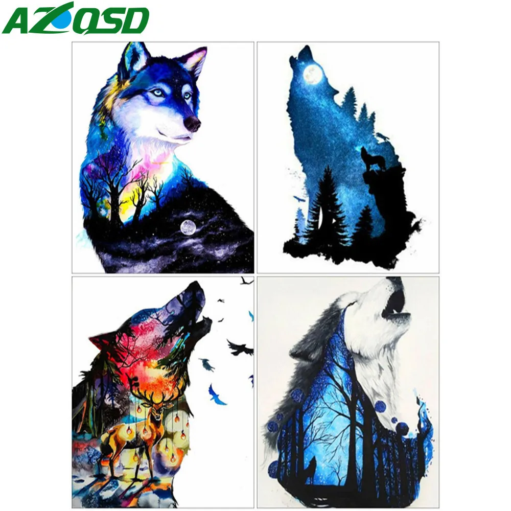 

AZQSD Oil Painting By Number Wolf Handpainted Modern Wall Art Picture By Numbers For Adults Animal Kits Handmade Unique Gifts