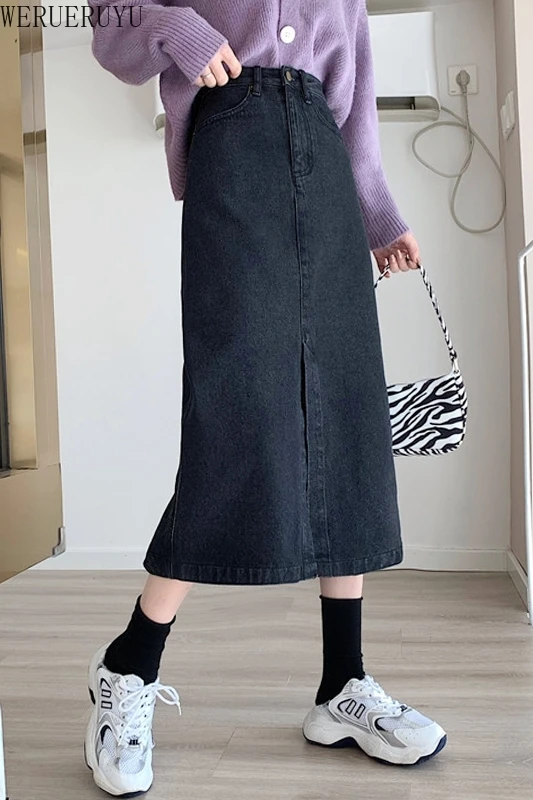 

WERUERUYU Blue Button Up Casual A Line Denim Long Skirts Womens Autumn Winter High Waist Midi Jeans Skirt