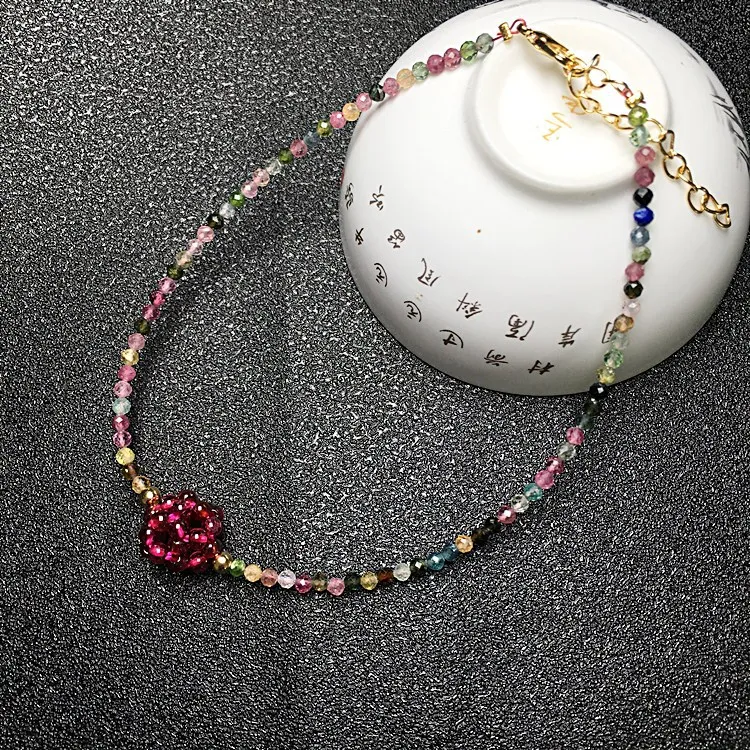 

Natural Garnet ball rainbow tourmaline crystal anklet small beads line chain anklet foot jewelry
