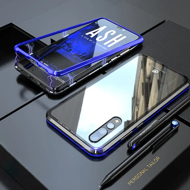 Роскошный Алюминиевый металлический Магнитный чехол для coque huawei P30 Pro, защитный магнит для телефона с задней стеклянной крышкой huawei P20Pro чехол P 20 - Цвет: Black Blue