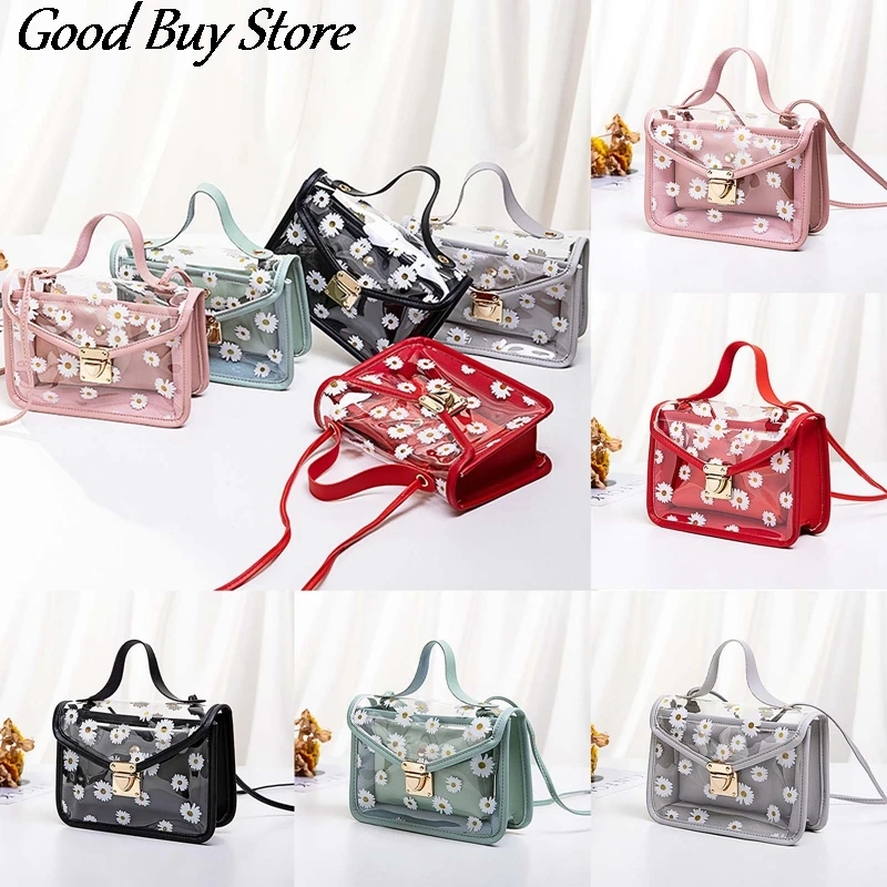 

Transparent PVC Women Handbags Daisy Flower Shoulder Totes Metal Lock Crossbody Bags Mobile Phone Storage Wallet Girls Purse Bag