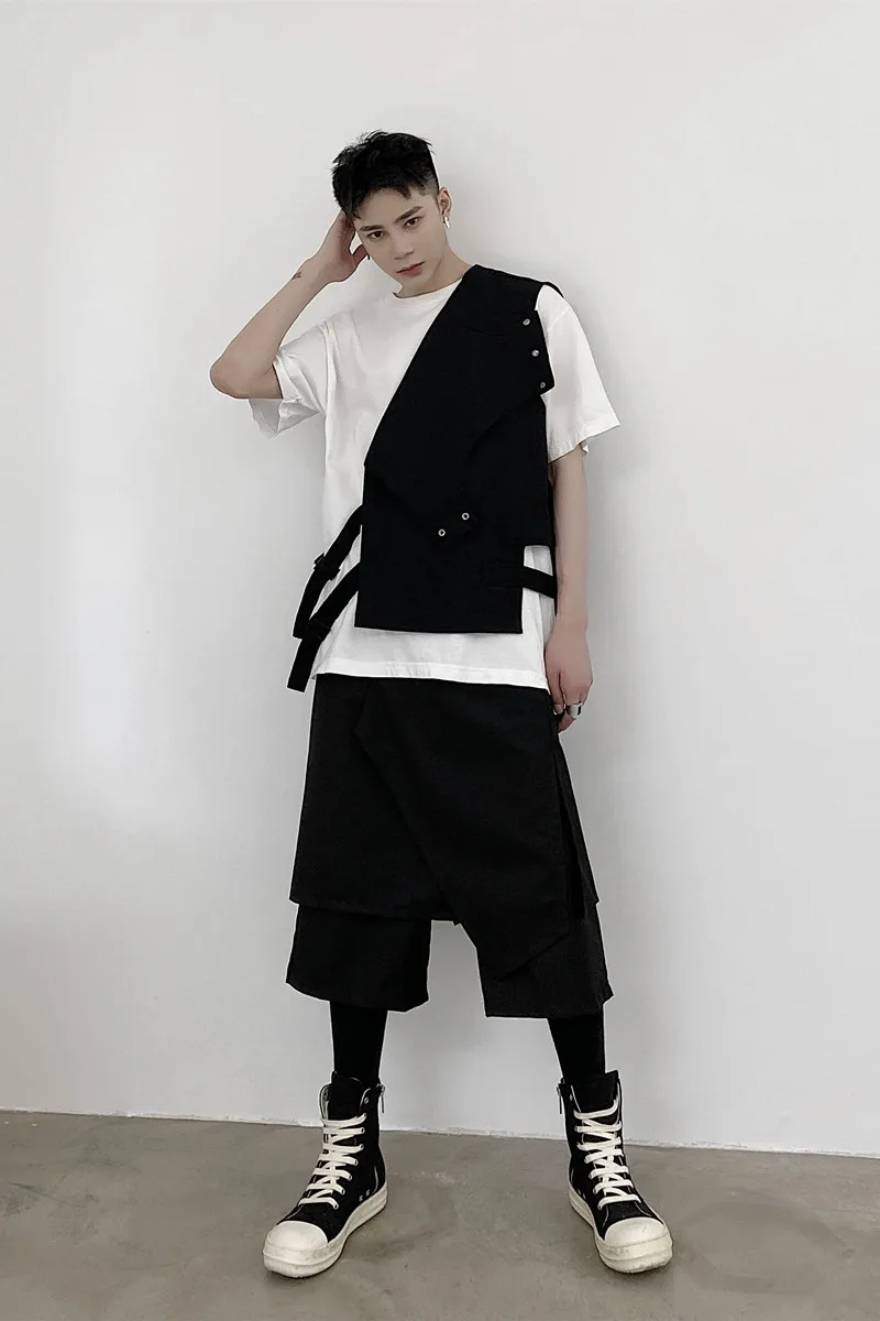 

Men Splice Causal Skirt Pant Male Japan Style Streetwear Hip Hop Harem Trousers Stage Clothing