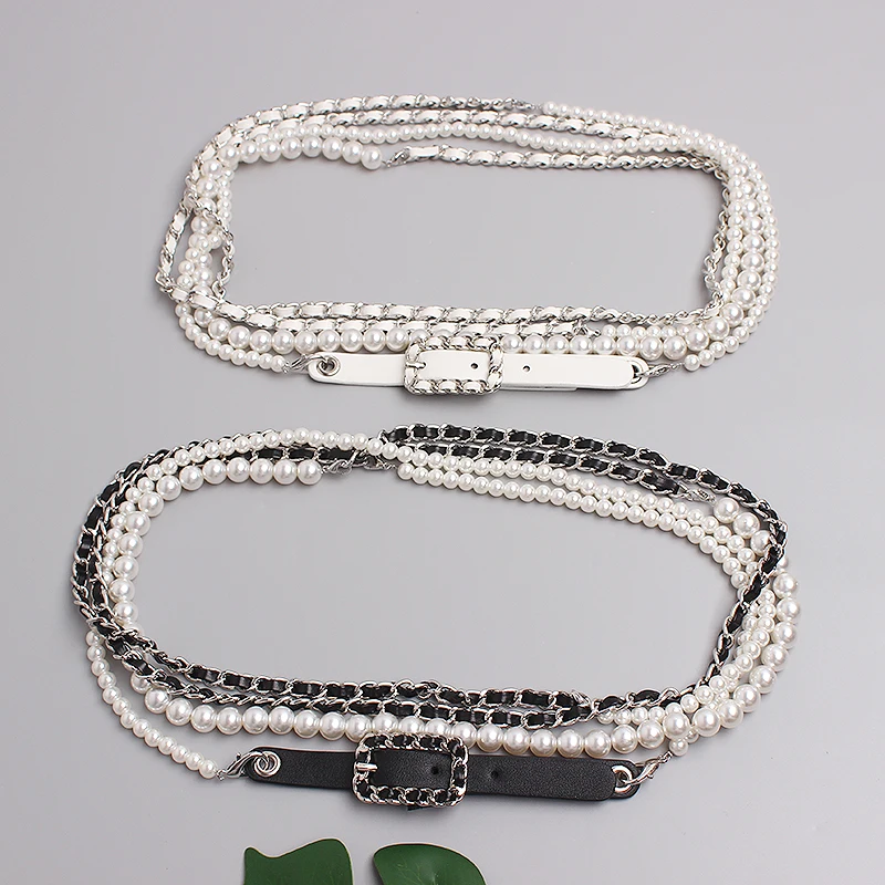 

2021 Fashion Women Pearl Belt Long Chain Waist Belts PU Leather Cummerbunds For Jeans Dress