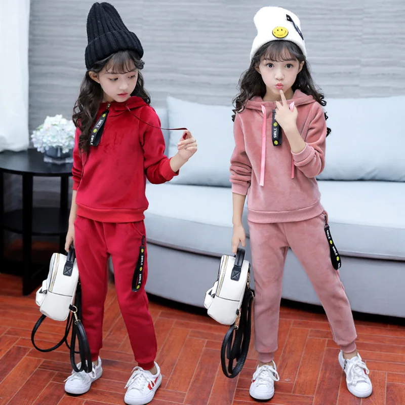 

2020 New Girls Sports Suit Gold Velet Children Clothing Sets Baby Kids Sportswear Big Girls Hoodies Shirt & Pants Twinset Suits