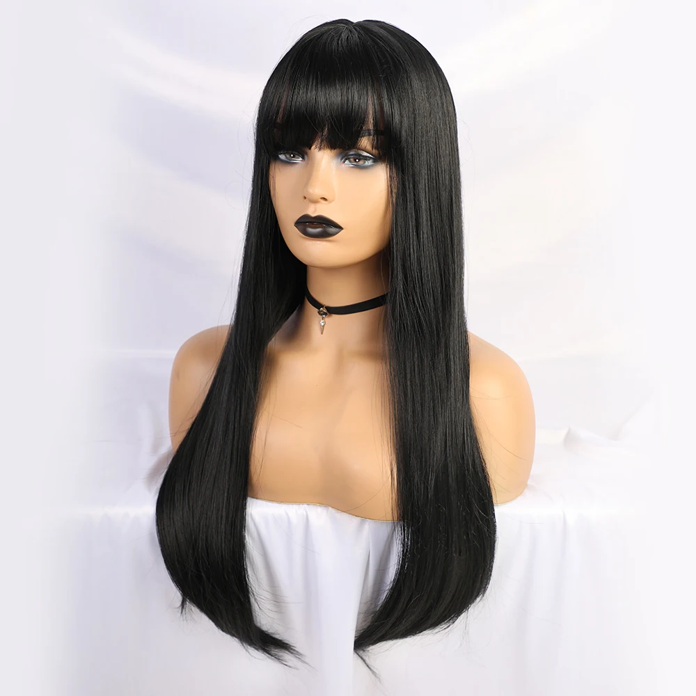 Длинные прямые синтетические парики коричнево синие серые волосы омбре с челкой