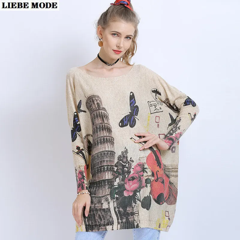 

2020 Autumn Oversized Long Sweater Women Elegant Printed Jumper Pullovers Harajuku Sweaters Woman Loose Knitted Tops Shirts