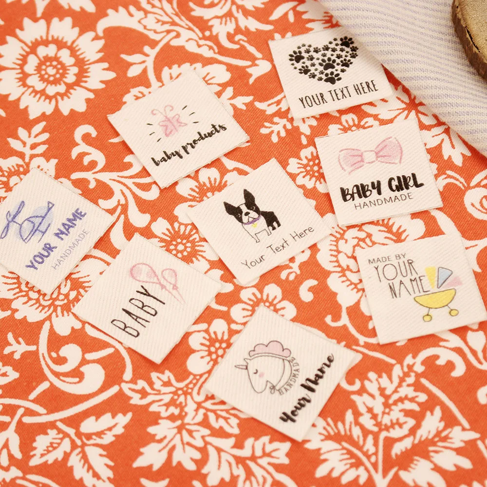 

25x25mm Iron On Labels,Cotton With Logo or Text Sewing Label,tags for Knitted things,Custom,Personalizada,handmade teg,gift tags