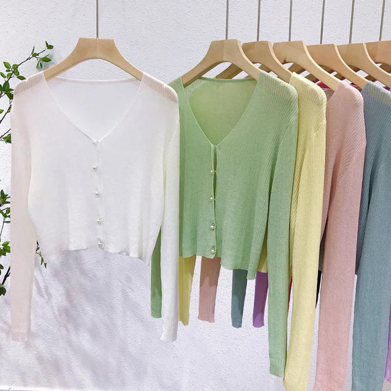 

Woman Sunscreen Cropped Cardigan Summer Cardigan Long Sleeve Knitted Cardigan Women Korean Short Loose V-neck Sweet Thin Tops