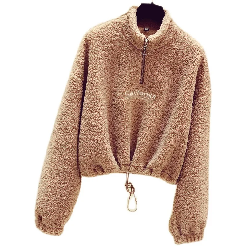 

2020 Khaki Women Sweatshirt Stand Collar Zipper Pullovers Loose Tops Winter Drawstring Polyester Sherpa Hoodies Women
