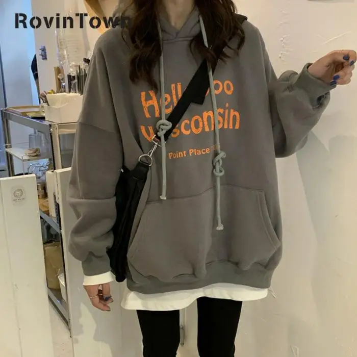 Spring&ampautumn Kpop Oversize Orange Gray Loose Fit Women Hoodie Long Sleeve Casual Style Joint Free Shipping 2020 | Женская одежда