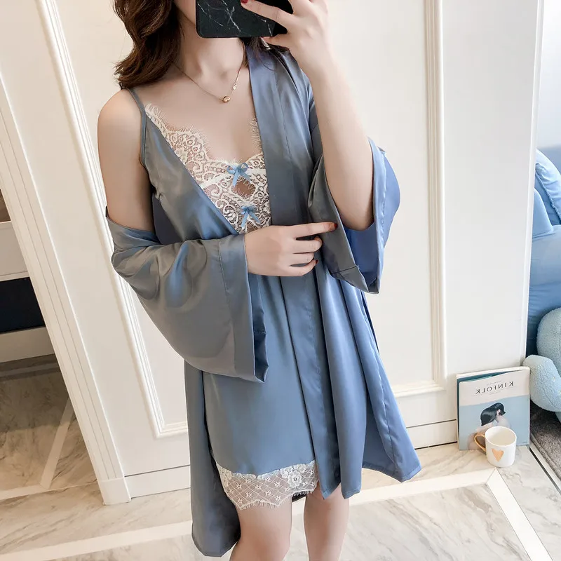 

Gray Sexy Two Piece Rayon Robe Set Lace Silk Home Clothes for Women Nightie Sleepwear Nocturnal Female Bathrobes Women's Robes