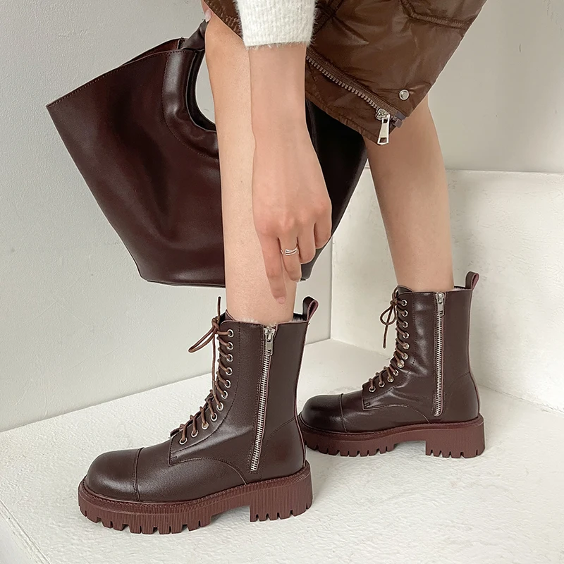 

Женские зимние ботинки QZYERAI из натуральной кожи, модные теплые женские ботильоны большого размера с шерстью, женские мотоциклетные ботинки ...