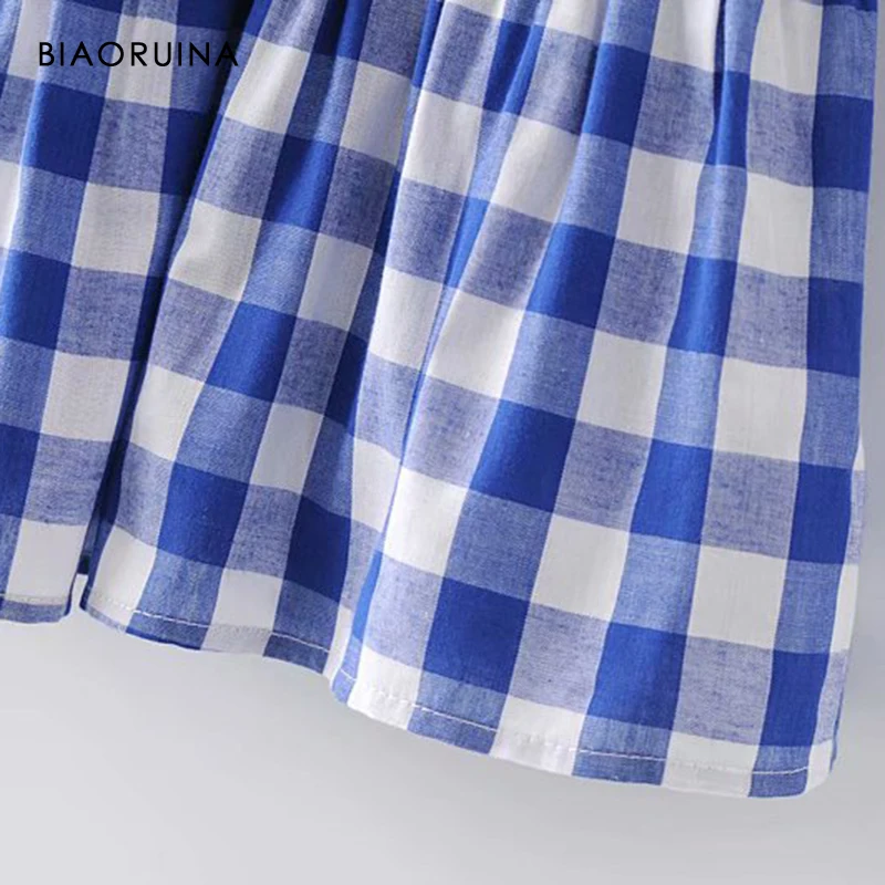 

BIAORUINA Women's Blue Plaid High Waist Slash Neck Fashion Dress Three Quarter Sleeve Female Vintage Dress Vestidos New Arrival