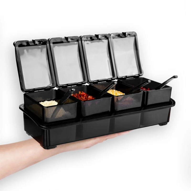 

4 Piece Seasoning Rack Spice Pots Storage Container Condiment Jars with Lid Cover Spoon Kitchen Salt Pepper Sugar Box