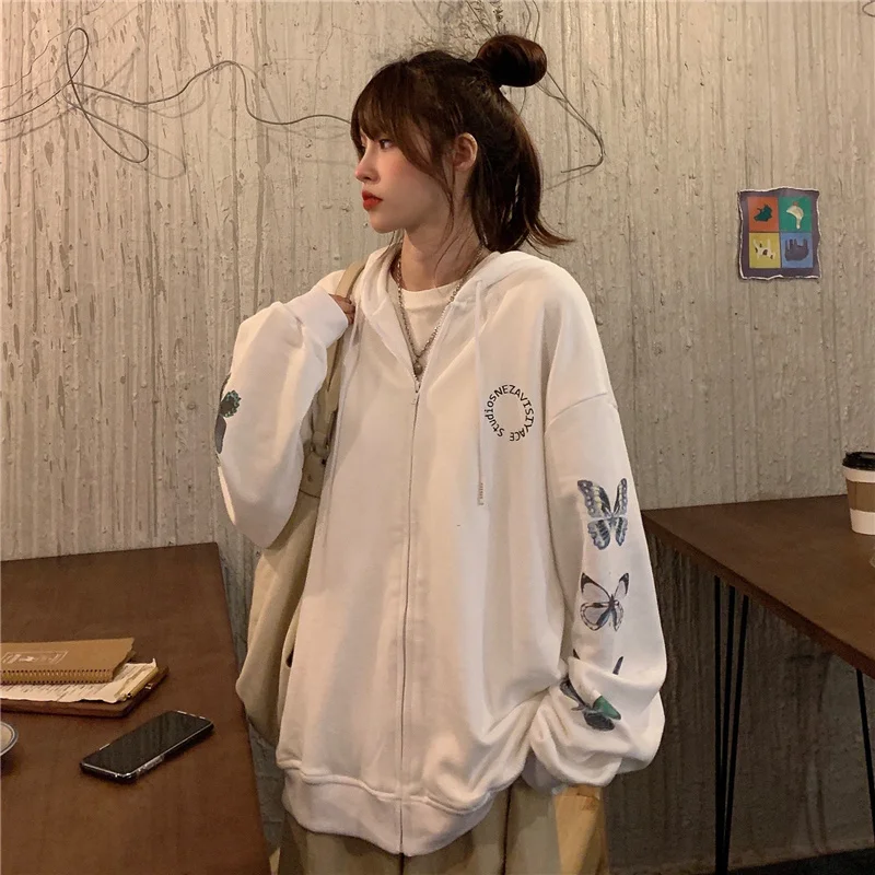 

Осень 2021 пуловер с длинным рукавом и цветочным принтом бабочки Real Shot на молнии