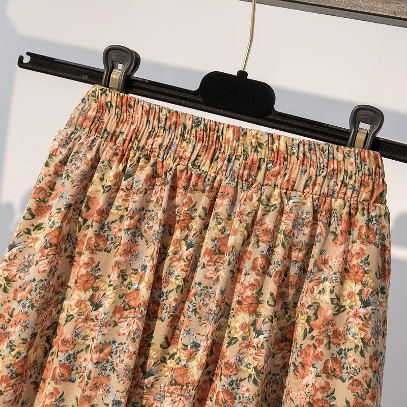 

2020 Summer Autumn Vintage Print Floral Skirts Womens Loose Stretch Plus Size Jupe Longue Femme A-Line High Waist Long Skirt