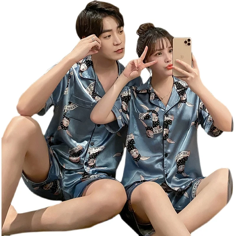 

New Summer Blue Couple Pajamas Set Cartoon Print Home Couple Pajamas Two-piece Short-sleeved Thin Ice Silk Pajamas Set