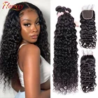 Кудряпряди с 4x4 5x5 застежкой волнистые пучки с зажимами 30 дюймов бразильские человеческие волосы 34 пучка с застежкой