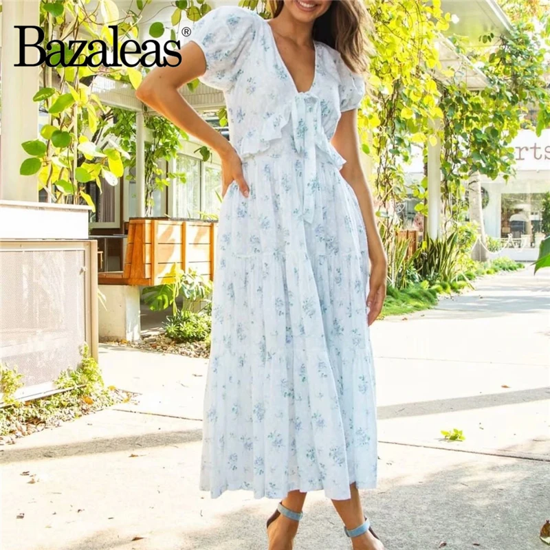 Женское длинное платье с цветочным принтом V образным вырезом и бантом|Женские