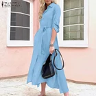 Женское весеннее однотонное платье-рубашка с отложным воротником и длинным рукавом, сарафан с поясом, 2021