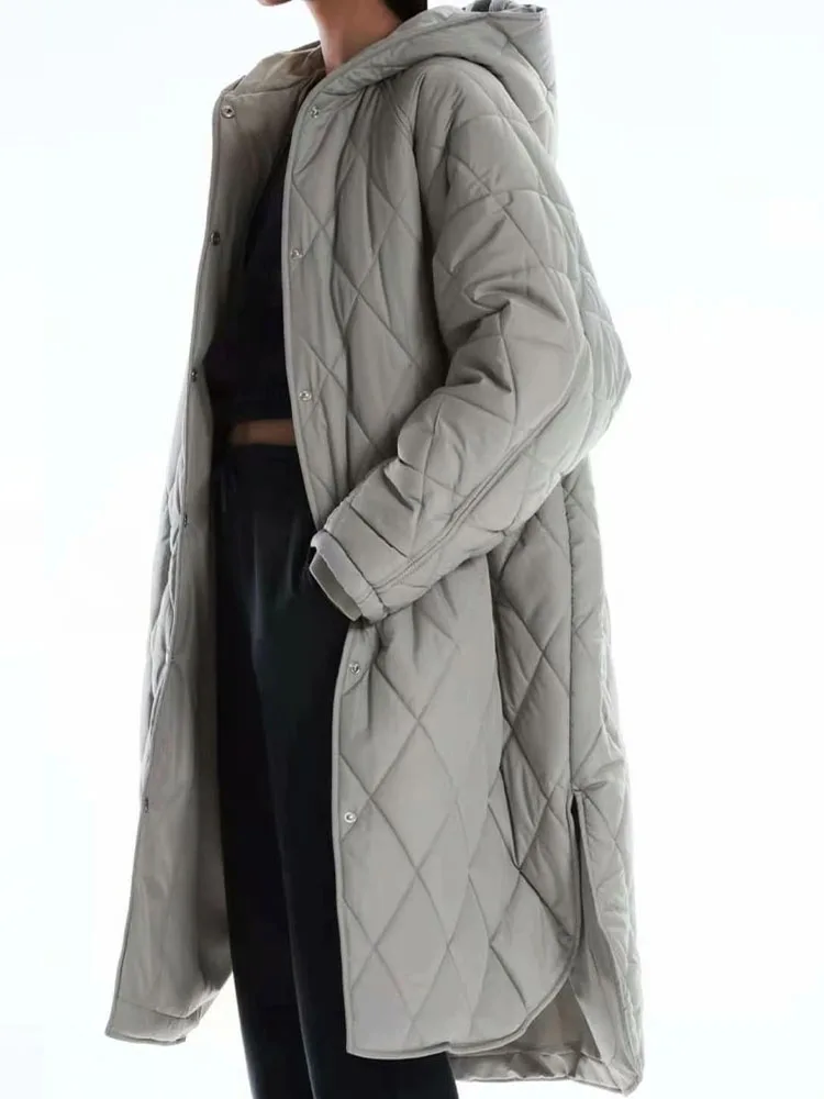 

2021 autumn and winter new fashion casual simple loose diamond hooded cotton coat mid-length windbreaker jacket