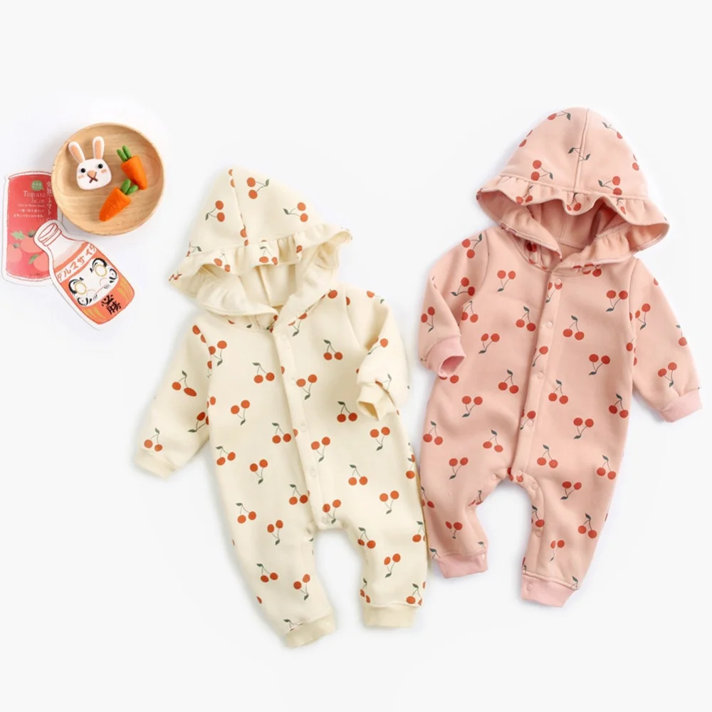 

Cotton Baby Romper Jumpsuit Single Breasted Button Up Long Sleeve Cute Cherry Print Hooded Rompers Outfit Overalls ropa bebes