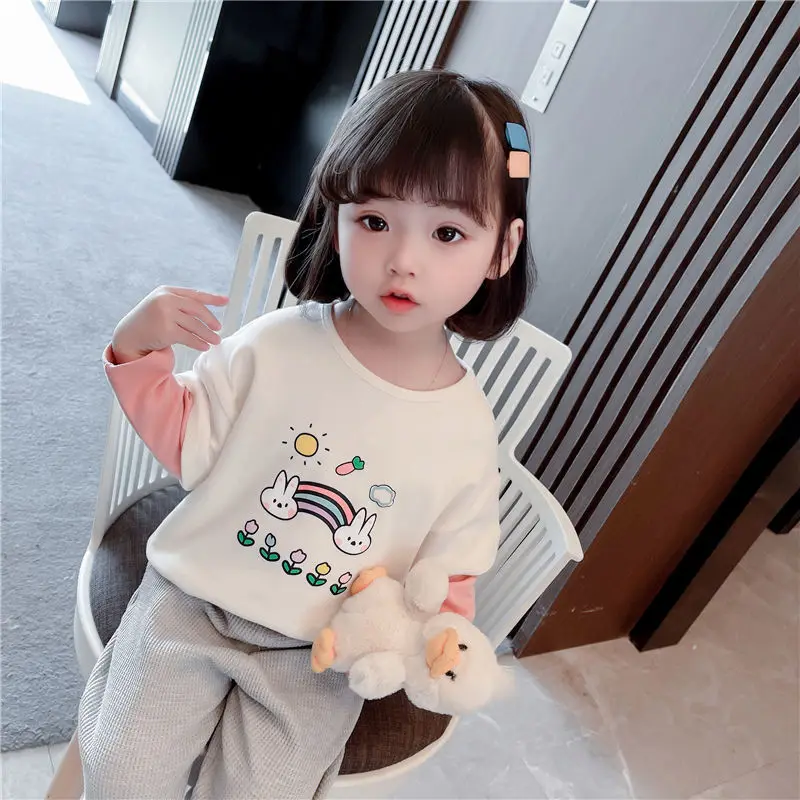 

Новинка 2021, Осенняя детская Корейская версия двух футболок с длинным рукавом для девочек P5622