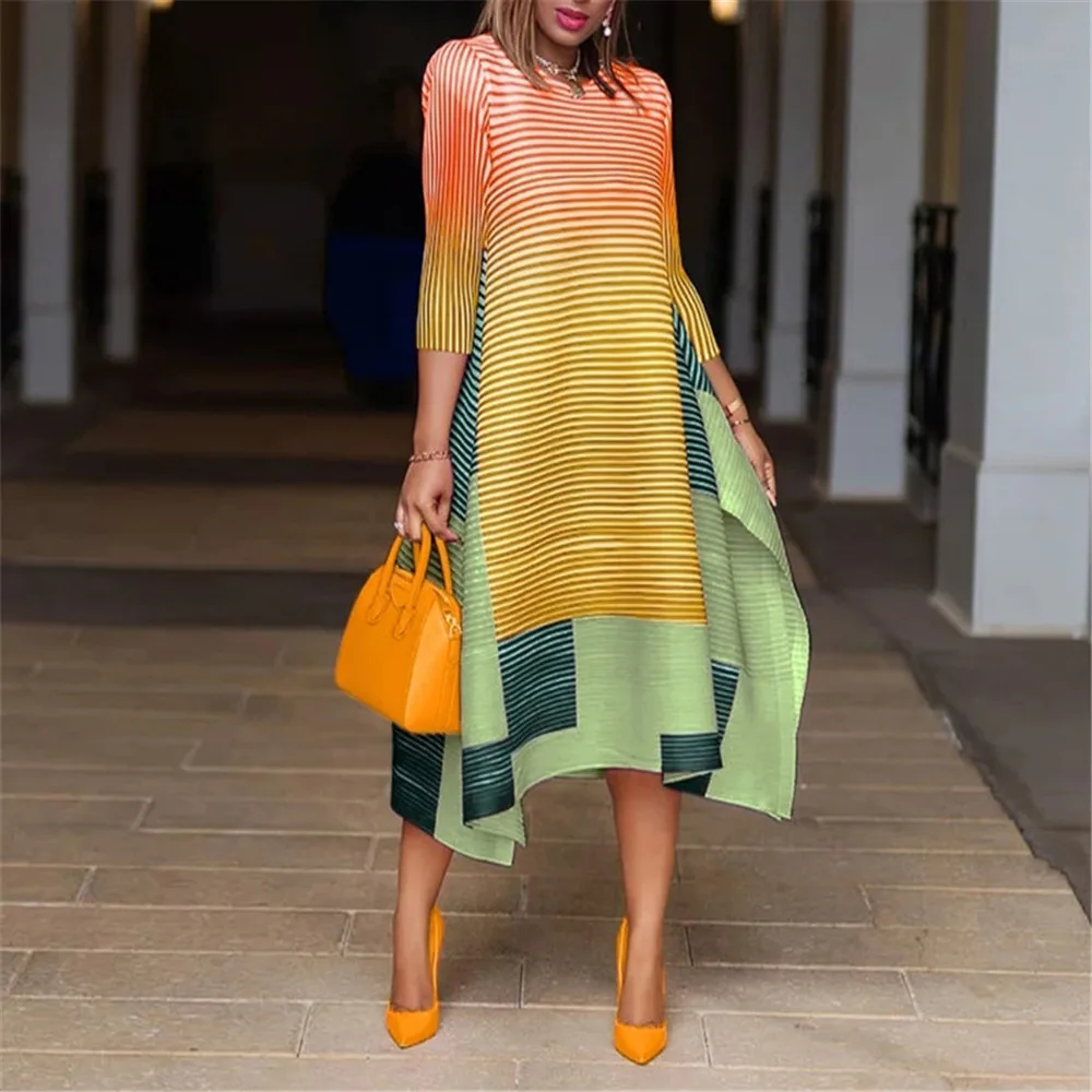 

Women Vintage Dress 2020 Autumn Party Patchwork Striped A-Line Round Neck Autumn Loose Midi Long Dress Vestidos Plus Size 2XL