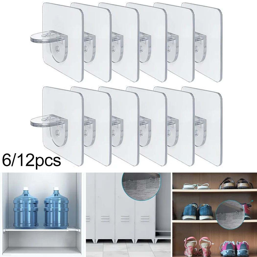 

6/12Pcs Wardrobe Divider Holders Shelf Stick Support Pegs Punch-Free Clear Cabinet Shelf Wall Hangers Closet Separator Hooks