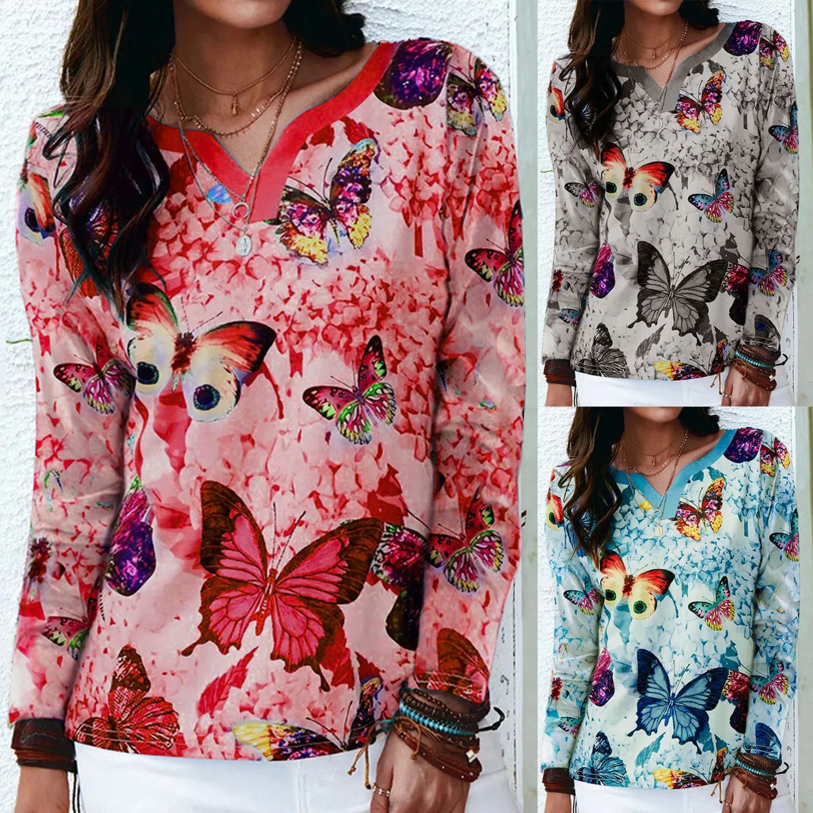 

Женская футболка с длинным рукавом и принтом бабочки, с V-образным вырезом