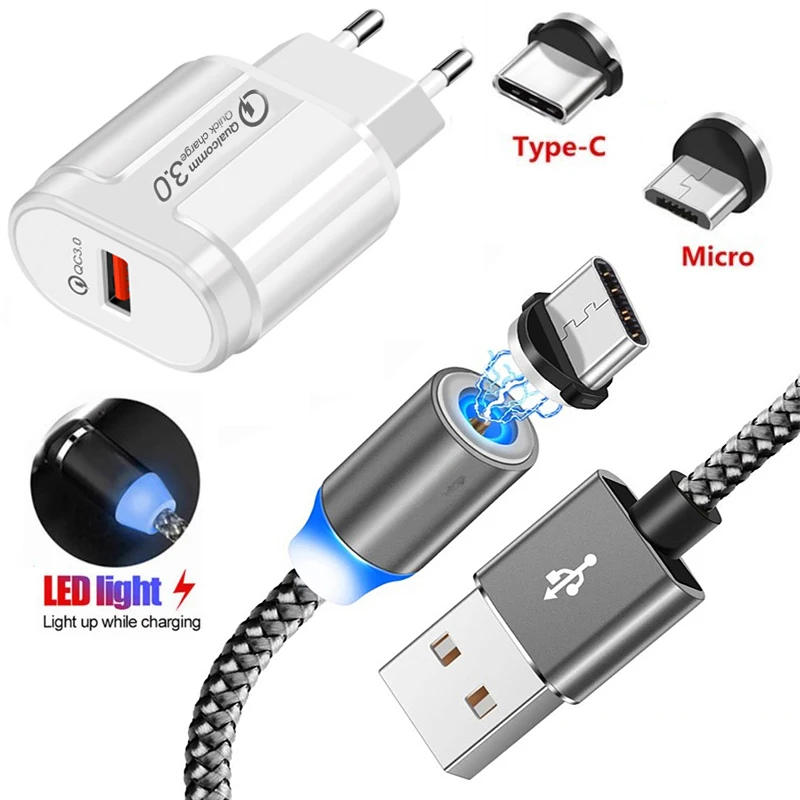 Магнитный зарядный кабель USB Type C со светодиодной подсветкой для Honor 6X 7X 7A 9i 8A 9X 8S P