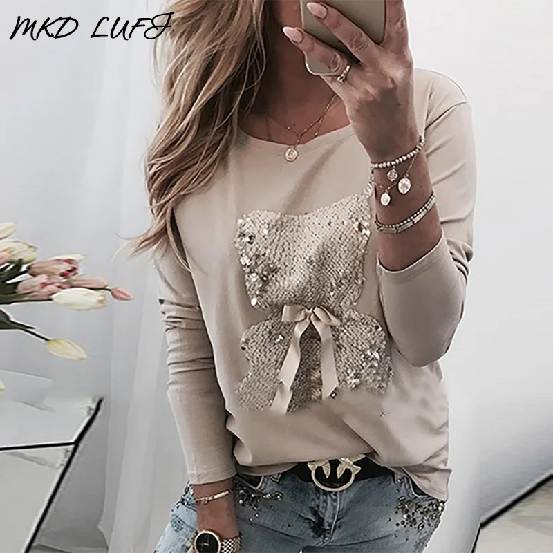 С рисунком медведя с блестками бантом круглым вырезом длинным рукавом футболка