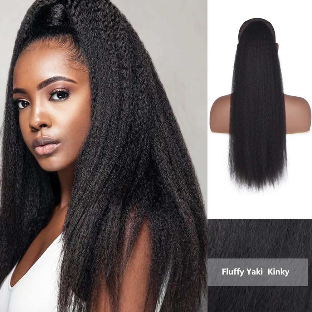 Afro Kinky Straight Long Ponytail Synthetic Wrap Around Magic Paste Clip Extension Hair Natural Black Pony Tail Hair 22 Inch