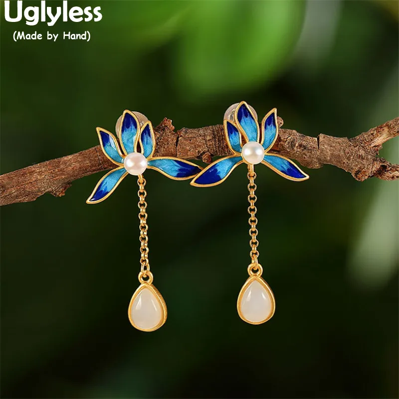 

Uglyless Blooming Enamel Blue Lotus Earrings for Women Natural Pearls Jade Dangle Earrings Real 925 Silver Ethnic Brincos Bijoux