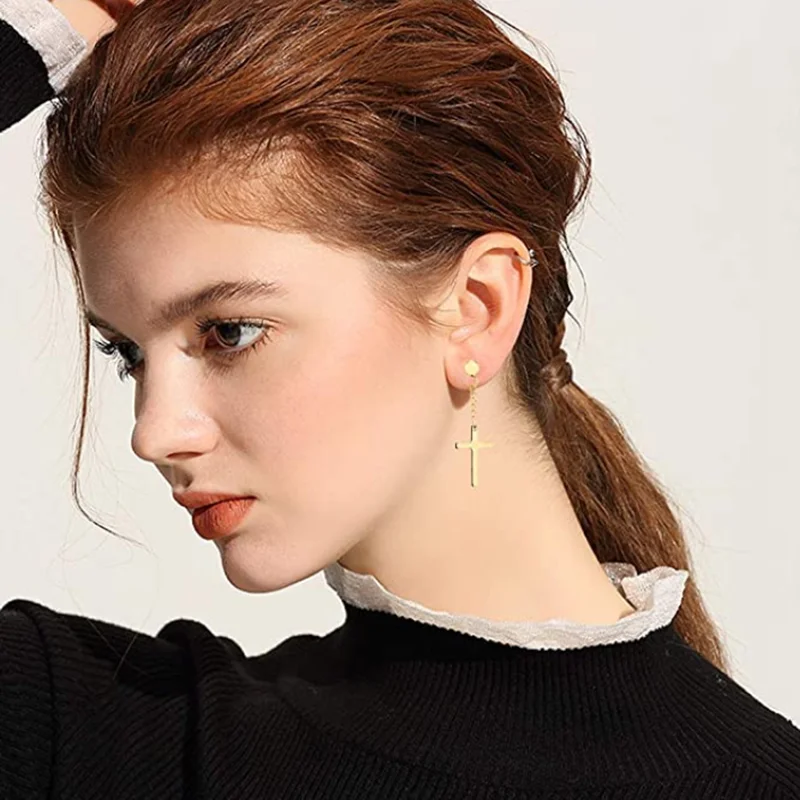 

2PCS Stainless Steel No Piercing Cross Earring For Men Kpop Clip On Cross Earring Gothic Punk Fake Ear Cuff Cross Earring Dangle