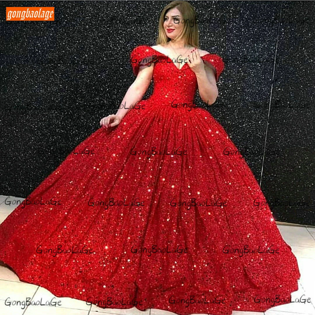 

Sparkly Red Evening Dress Off Shoulder Lace Up Ball Gown Women Reflective Dresses Long Pageant Custom Made 2020 Robe De Soiree