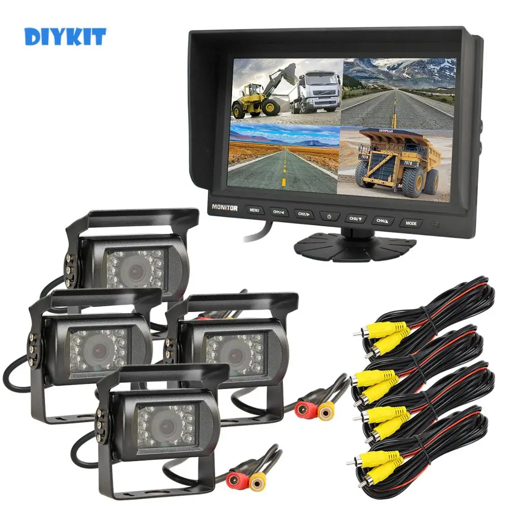 DIYKIT " Сплит-дисплей с одновременным воспроизведением изображения от четырех видеокамер заднего вида монитор для автомобиля+ 4 x ночного видения камера заднего вида Водонепроницаемая для автомобиля грузовик автобус