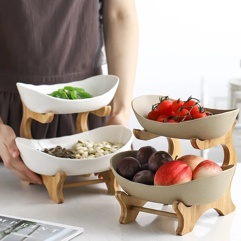 

2 Tier Oval Ceramic Candy Dish Set with Collapsible Wood Rack White Party Food Server Display Set Tiered Serving Stand