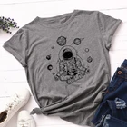 Повседневная Женская футболка из 100% хлопка, с принтом Луны, космонавта, с круглым вырезом и коротким рукавом, свободные топы, женская летняя футболка