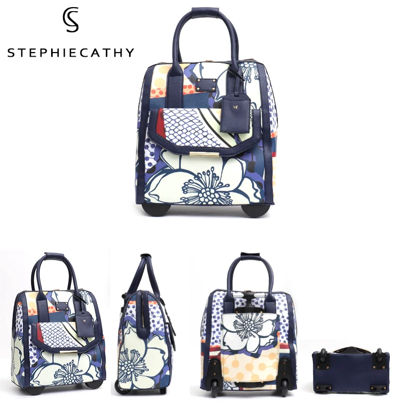 SC Women Beauty Travel Suitcase Case on Wheeled Carry Flight Hand Pattern Leather Girl Trolley Rolling Laptop Pocket Luggage