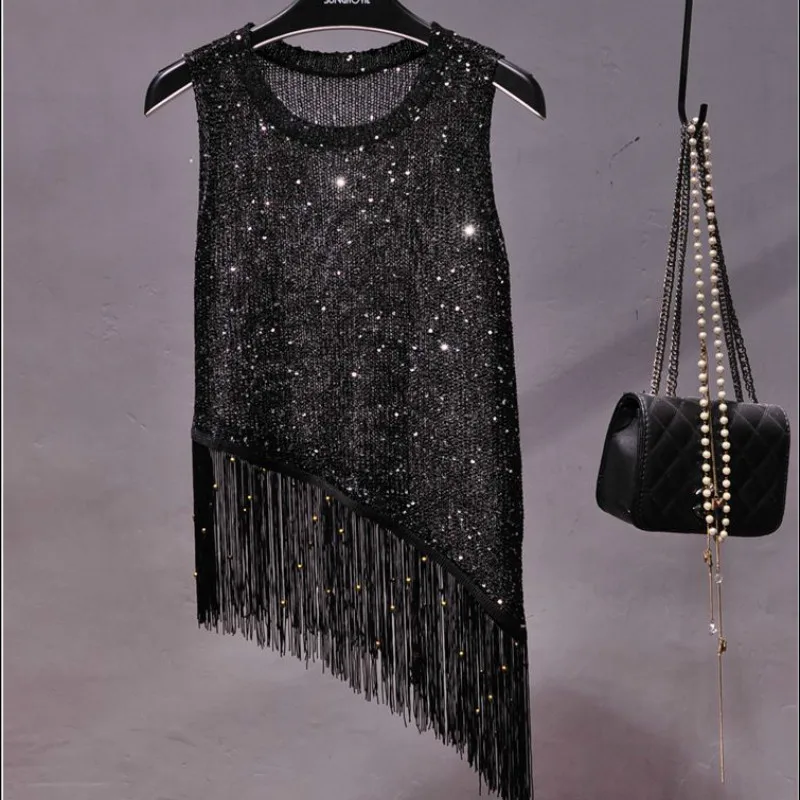 Вязаный жилет с блестками и кисточками золотыми нитями Мини рубашка без рукавов