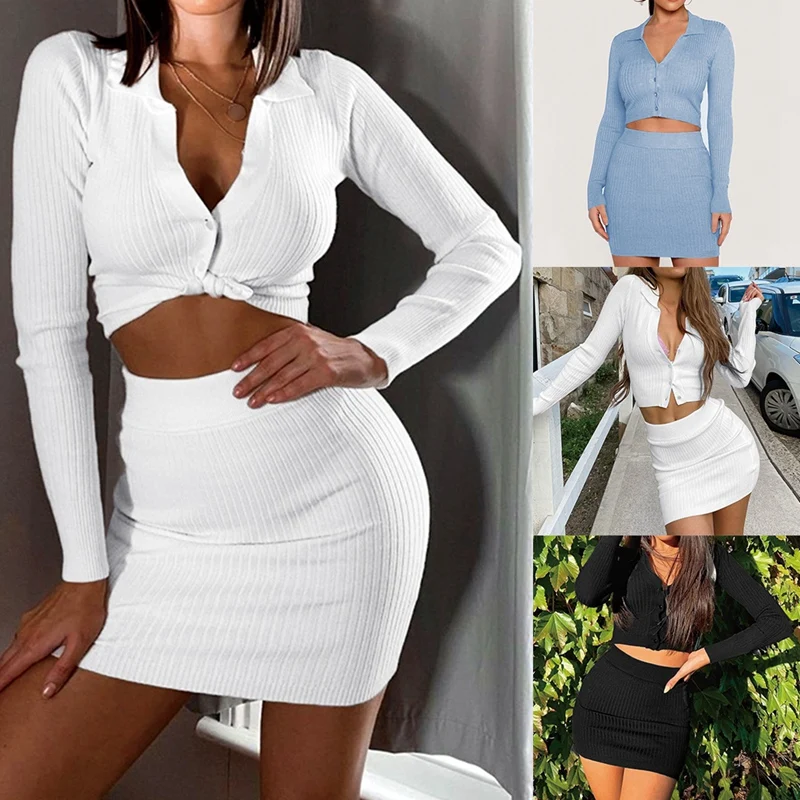 

Autumn Lady Sexy Fashion V-Neck Button Cardigan Two Piece Set