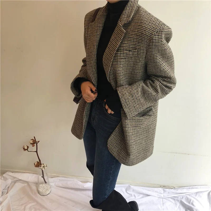 Новый Винтажный клетчатый женский Блейзер маленький костюм повседневная куртка
