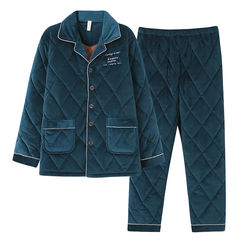 Winter Thick Warm Men Pajamas Set Long Sleeve Turn-down Collar Clip Cotton Sleepwear 3XL Male Homewear Lounge Pyjamas