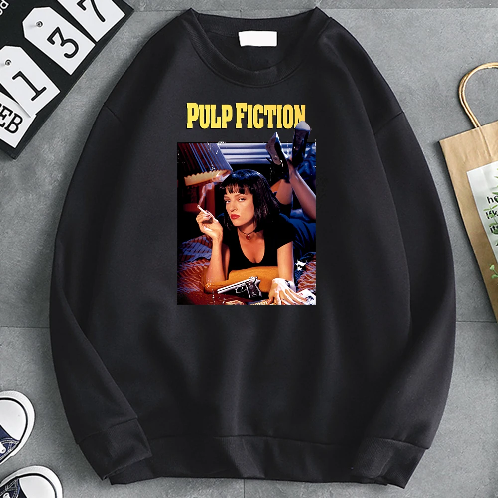 

Pulp Fiction Print Sweatshirts Long Sleeve Autumn New Fleece Warm Pullover Hoody Vintage Kpop Hip Hop Loose Tracksuits Hooded