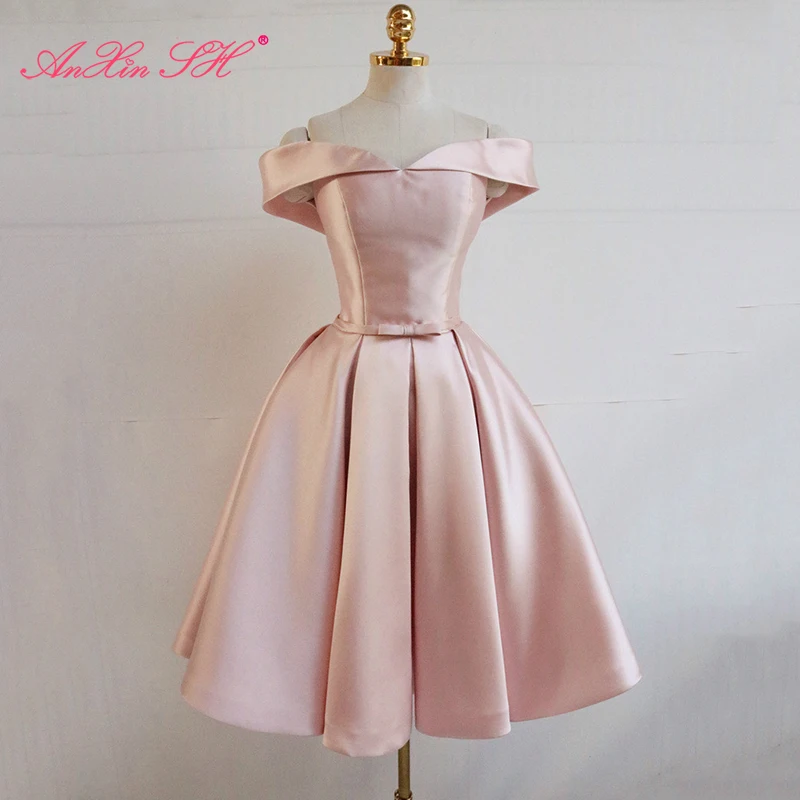 

AnXin SH princess Slim pink one shoulder Satin sister short evening dress short party puff pink bow boat neck evening dress