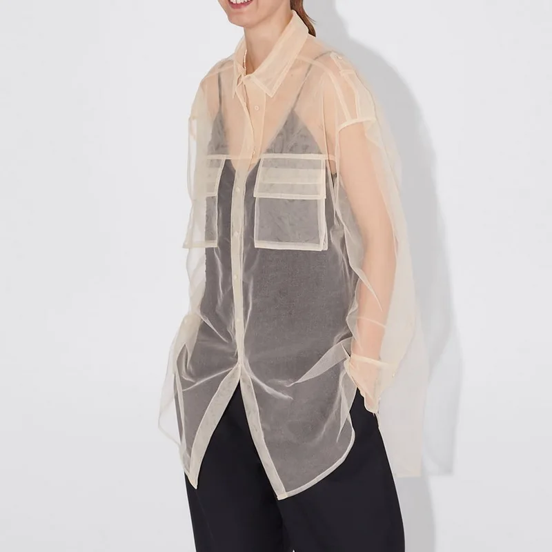 Модная женская бежевая прозрачная блузка с отложным воротником сетчатая рубашка