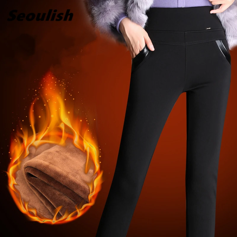 

Seoulish Women's Winter Leggings 2021 New Warm Pants Velvet Thicken Slimming Cashmere Warmed Female Leggings With Fleece Female