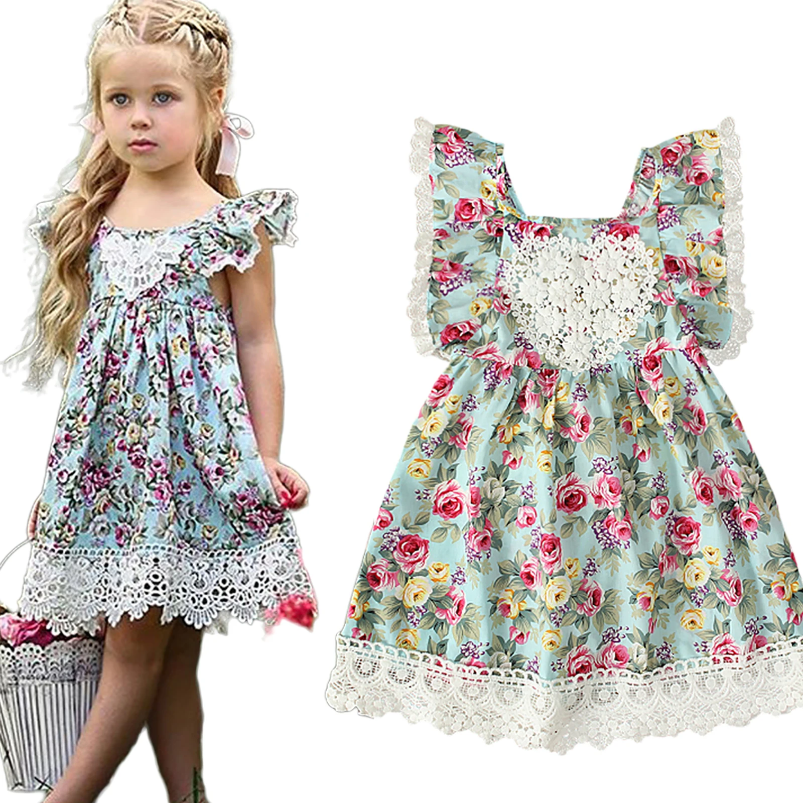 

Summer Kids Baby Girl Princess Dress Lace Floral Knee High Dress One Pieces Sundress Clothes
