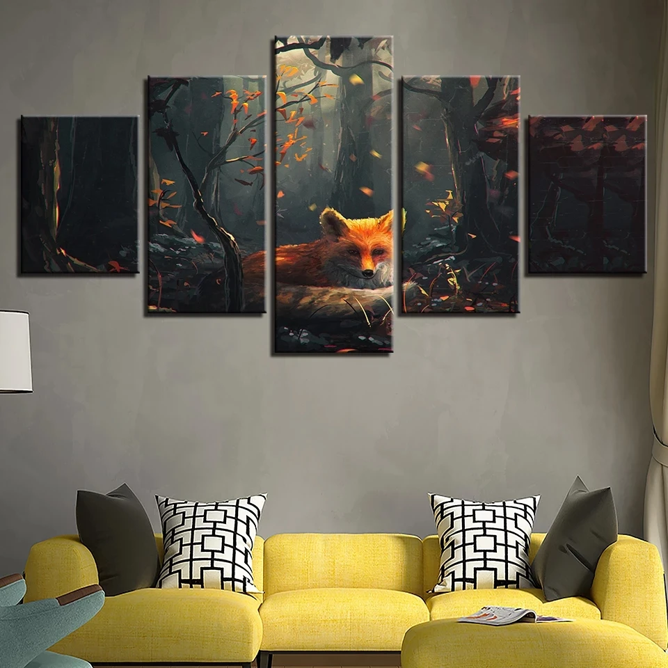 

Canvas Poster HD Prints Pictures Living Room Wall Art 5 Pieces Forest Animal Fox Paintings Modern Modular Home Decor Framed
